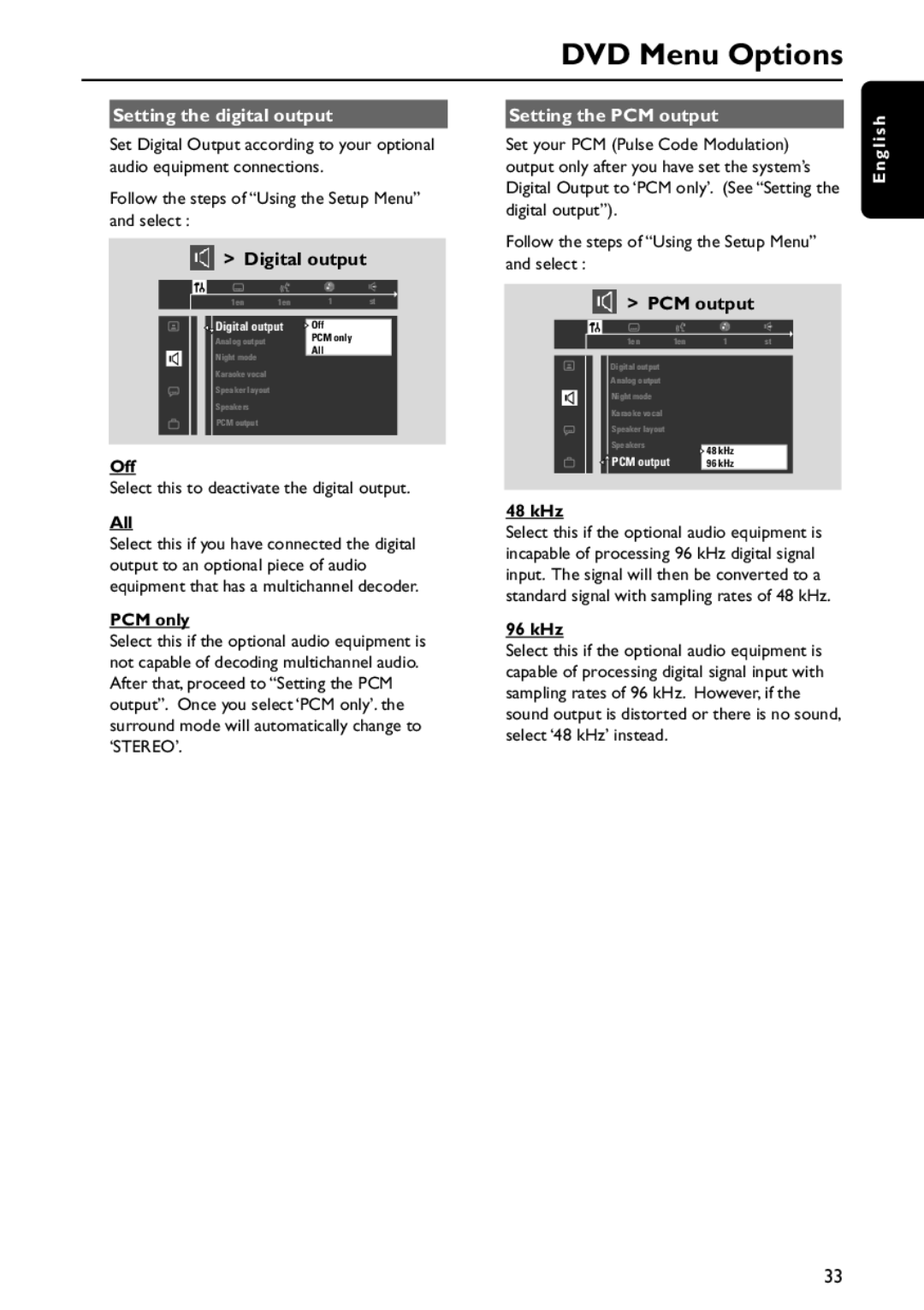 Philips MX5800SA/21 manual Setting the digital output Setting the PCM output 