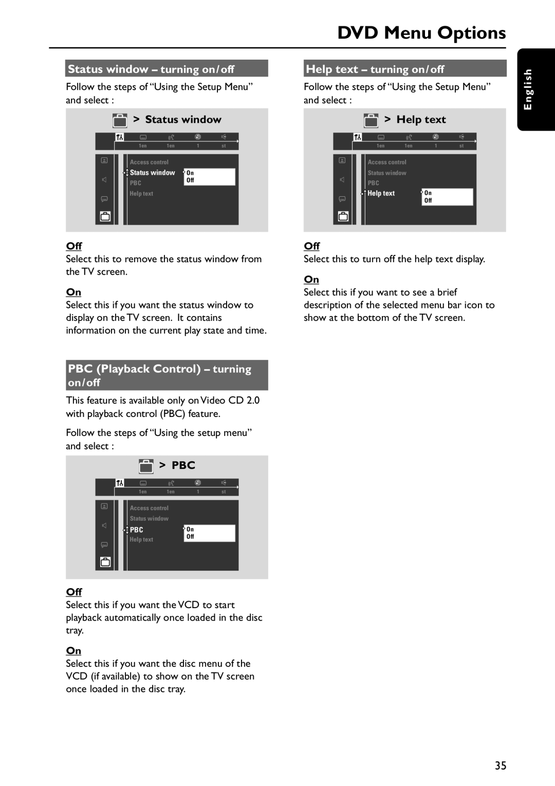 Philips MX5800SA/21 manual PBC Playback Control turning, Status window turning on/off Help text turning on/off, On/off 