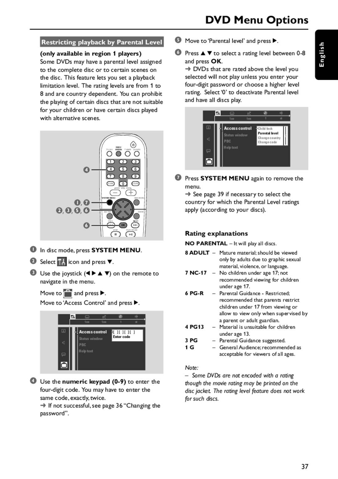 Philips MX5800SA/21 manual Restricting playback by Parental Level, Only available in region 1 players, Rating explanations 