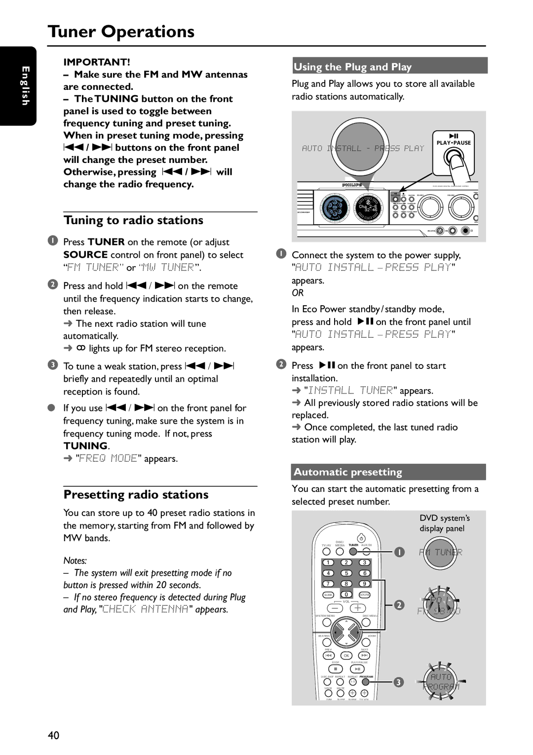 Philips MX5800SA/21 manual Tuner Operations, Tuning to radio stations, Presetting radio stations, Using the Plug and Play 