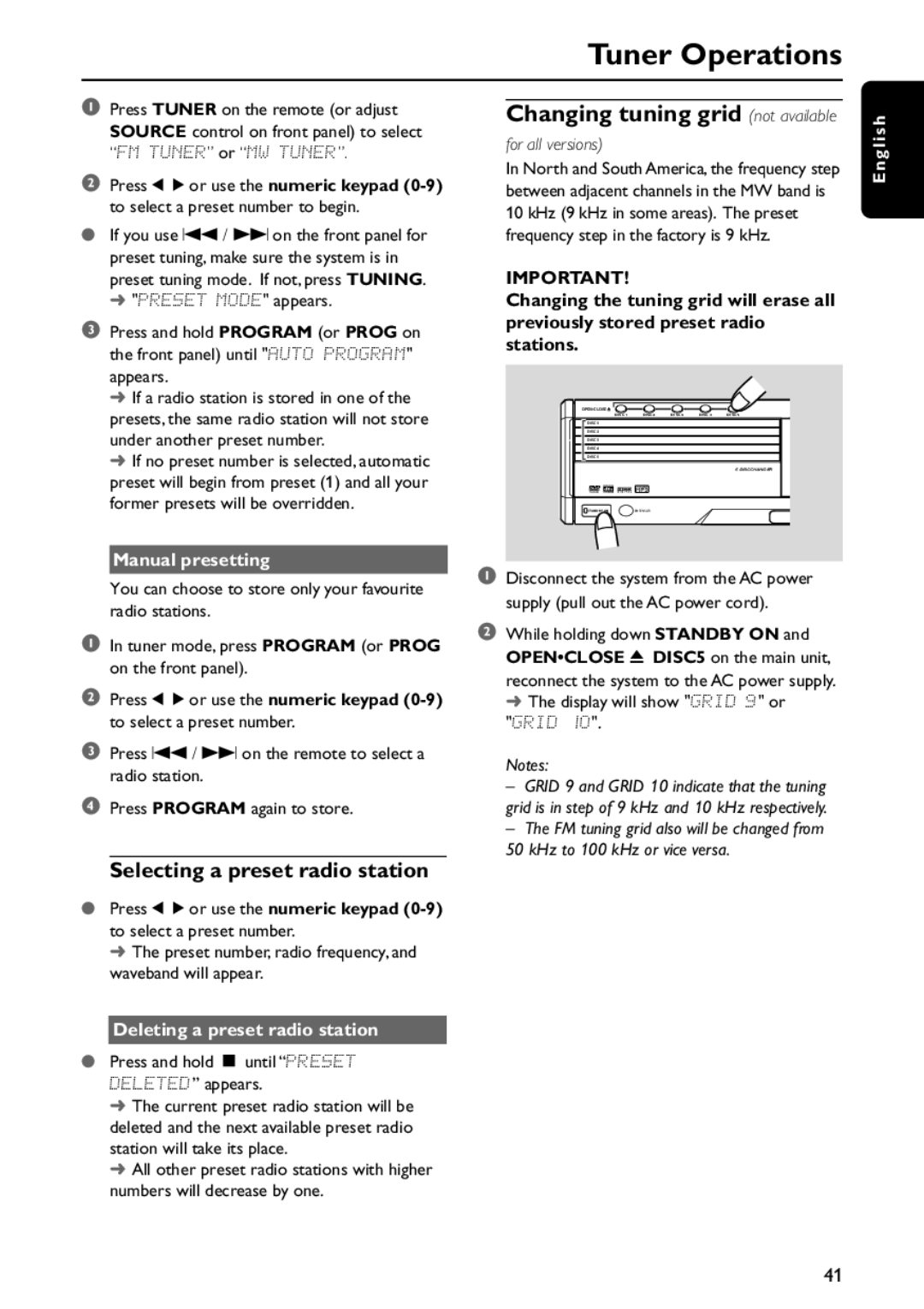 Philips MX5800SA/21 manual Selecting a preset radio station, Manual presetting, Display will show Grid 9 or Grid 