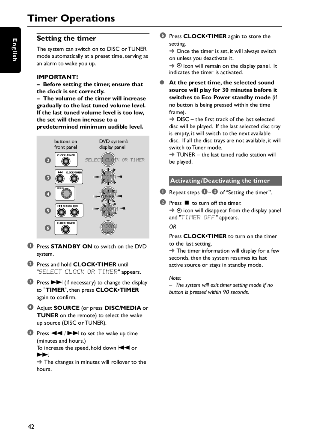 Philips MX5800SA/21 manual Timer Operations, Setting the timer, Activating/Deactivating the timer 