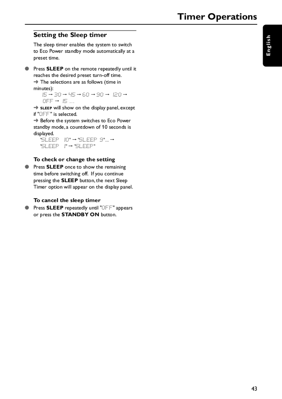 Philips MX5800SA/21 manual Setting the Sleep timer, To check or change the setting, To cancel the sleep timer 