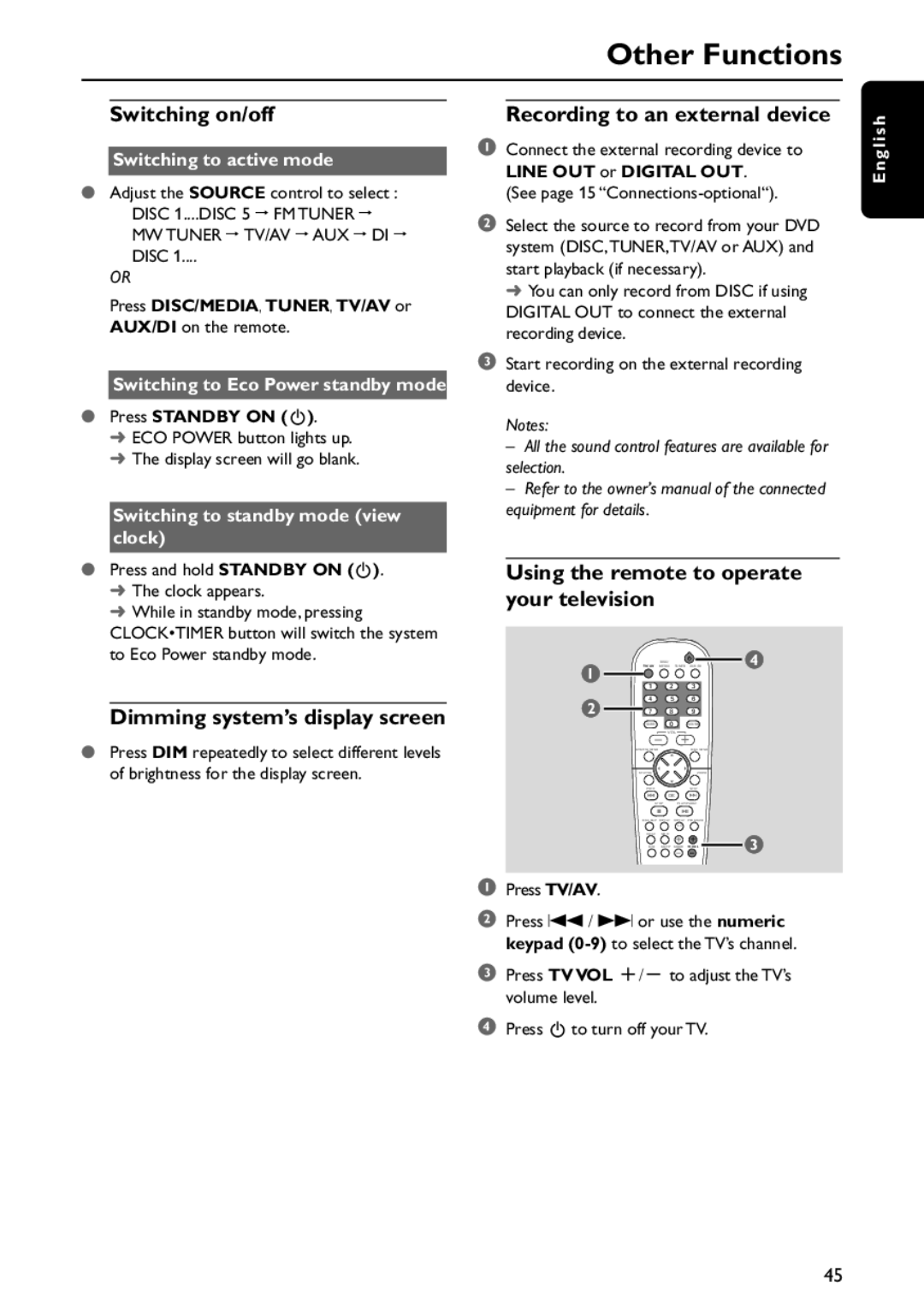 Philips MX5800SA/21 Other Functions, Switching on/off, Dimming system’s display screen, Recording to an external device 