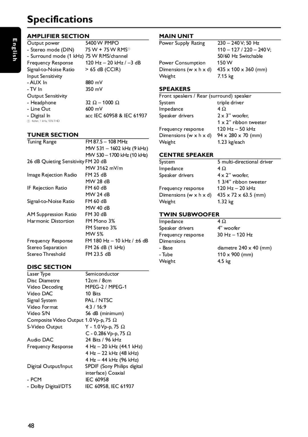 Philips MX5800SA/21 manual Specifications, Amplifier Section 