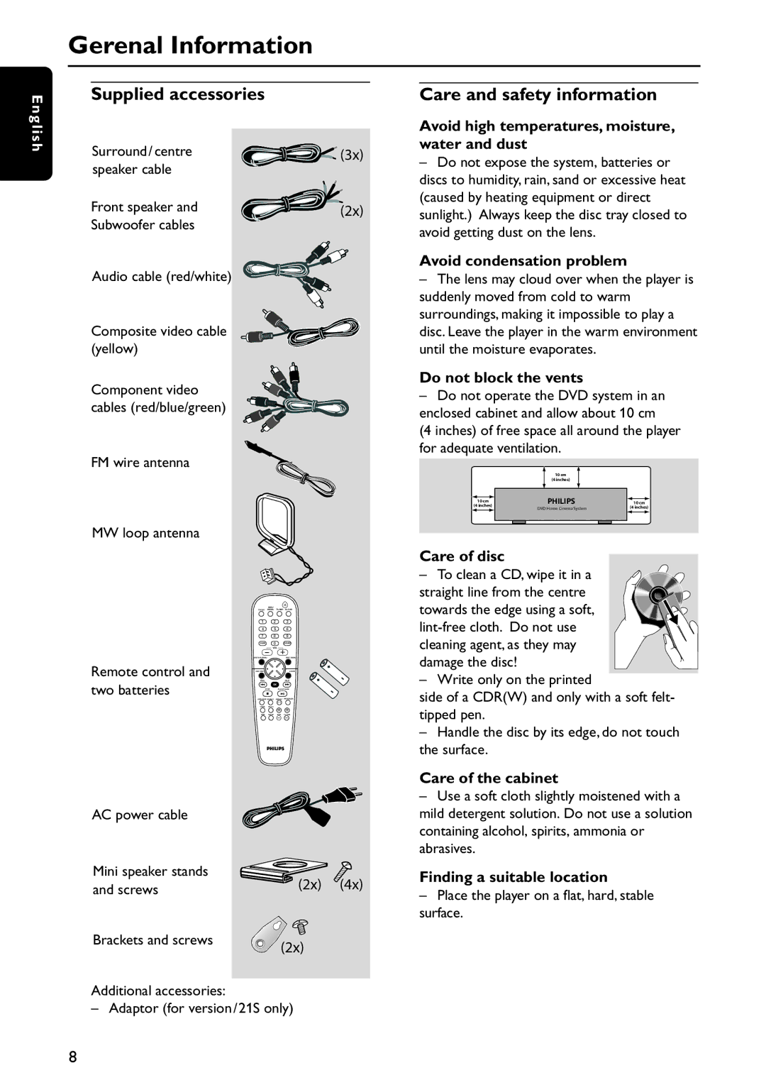 Philips MX5800SA/21 manual Gerenal Information, Supplied accessories, Care and safety information, English, Two batteries 