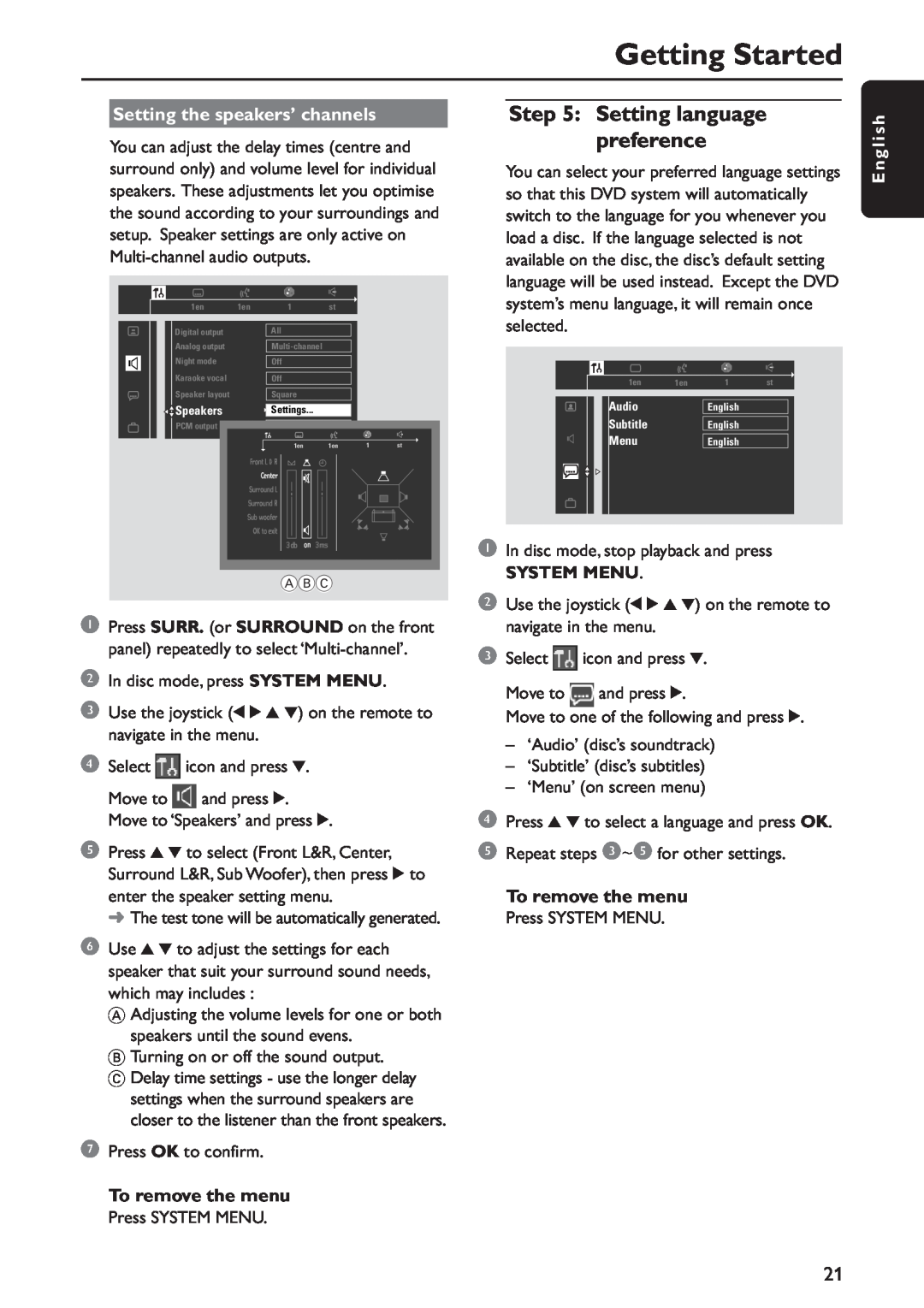 Philips MX5800SA/21 manual Setting language preference, Getting Started, Setting the speakers’ channels, System Menu 