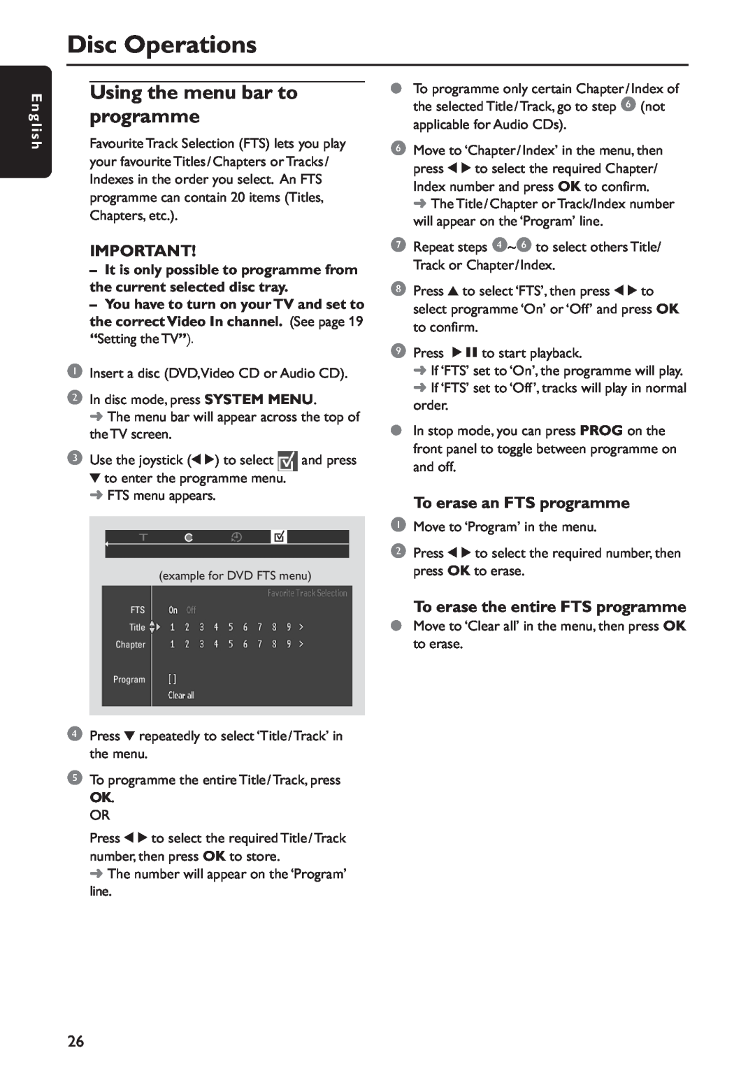 Philips MX5800SA/21 manual Using the menu bar to programme, Disc Operations, To erase an FTS programme, E n g l i s h 