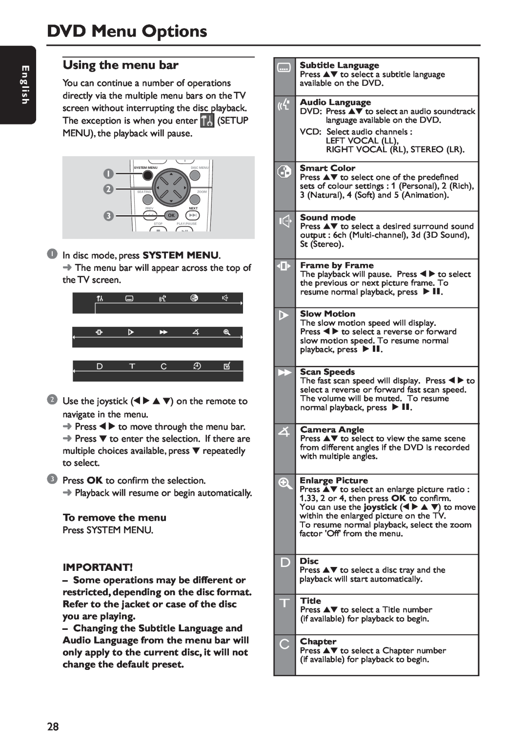 Philips MX5800SA/21 manual DVD Menu Options, Using the menu bar, E n g l i s h, To remove the menu 