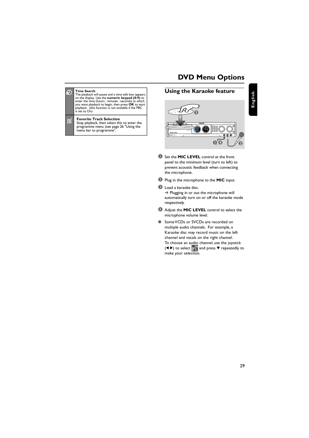 Philips MX5800SA/21 manual Using the Karaoke feature, DVD Menu Options, E n g l i s h 