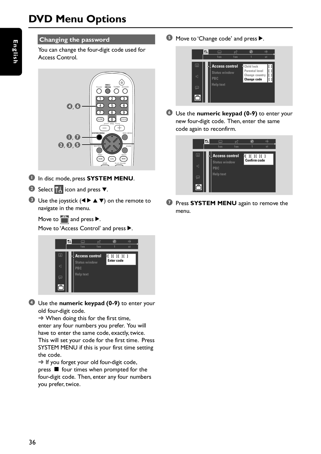 Philips MX5800SA/21 manual DVD Menu Options, E n g l i s h, Changing the password 