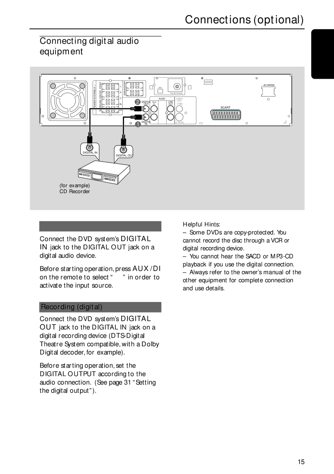 Philips MX5800SA/22S manual Connecting digital audio equipment, Listening to the playback, Recording digital 