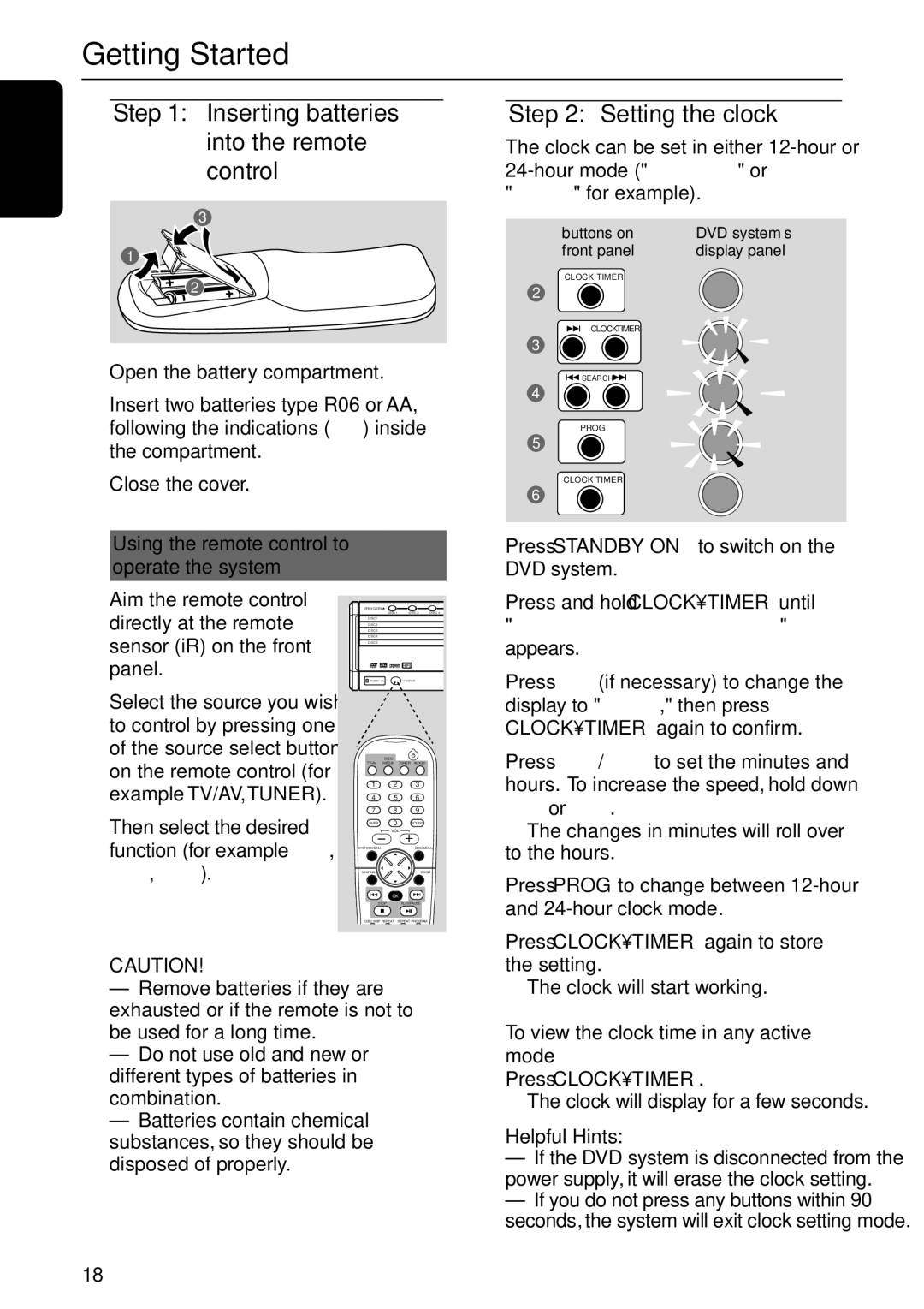 Philips MX5800SA/22S manual Getting Started, Inserting batteries into the remote control, Setting the clock 