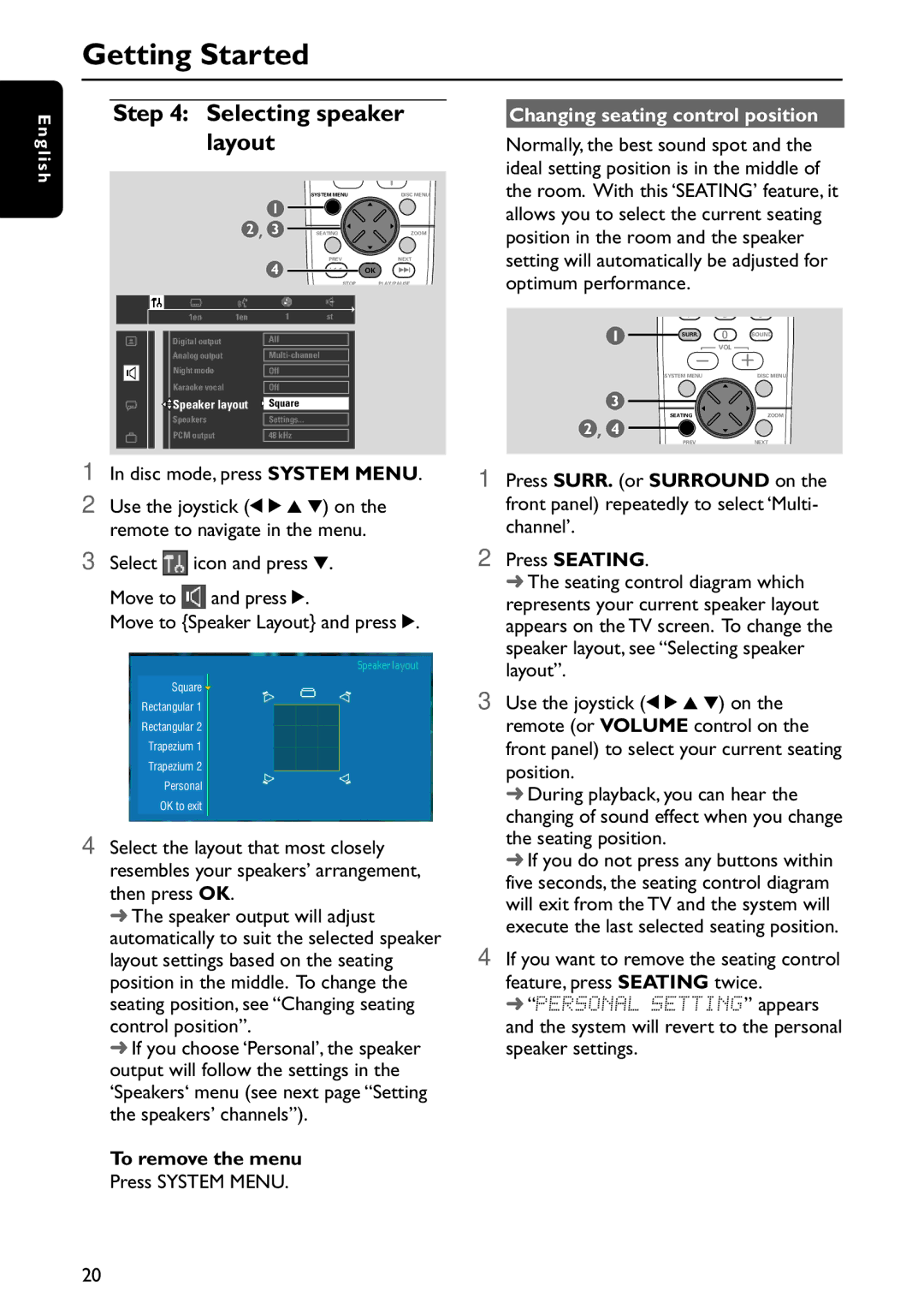 Philips MX5800SA/22S Selecting speaker layout, To remove the menu, Press System Menu, Changing seating control position 