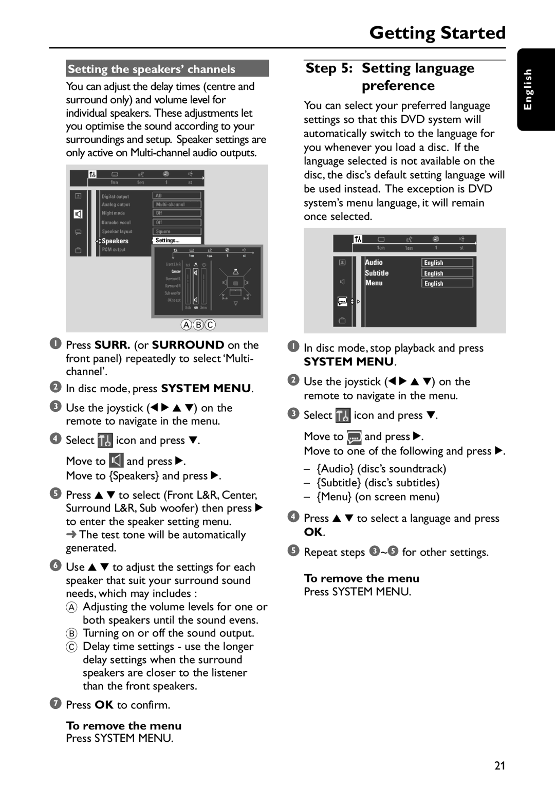 Philips MX5800SA/22S manual Setting language preference, Setting the speakers’ channels 