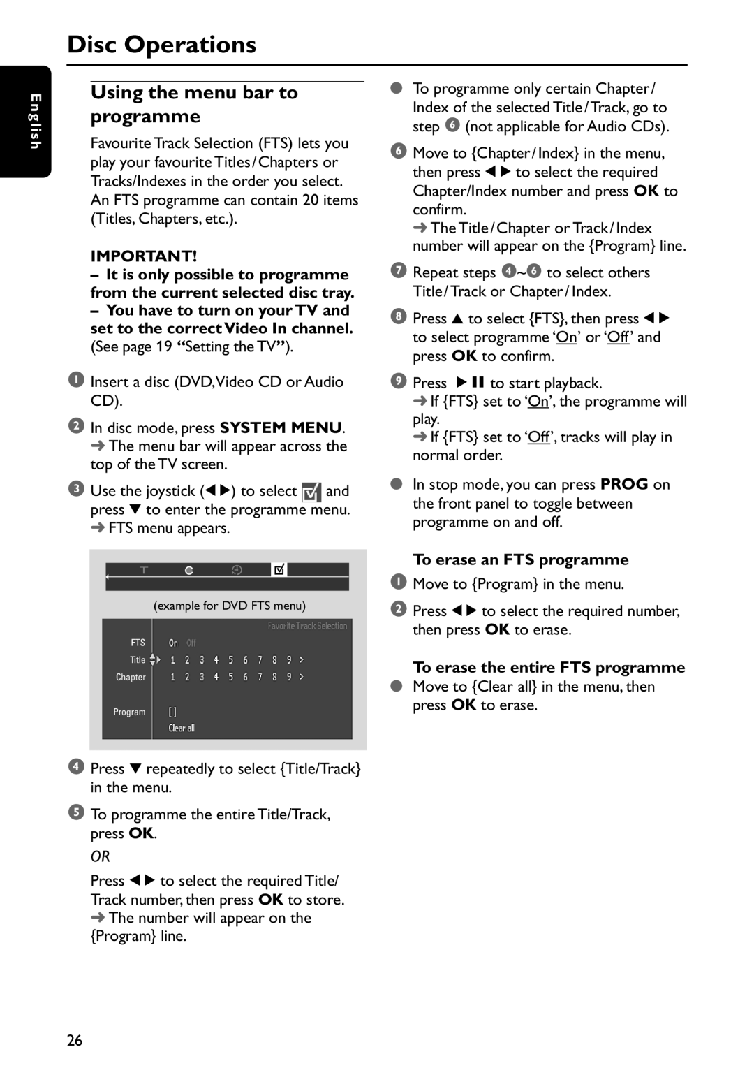 Philips MX5800SA/22S manual Using the menu bar to programme, To erase an FTS programme, To erase the entire FTS programme 