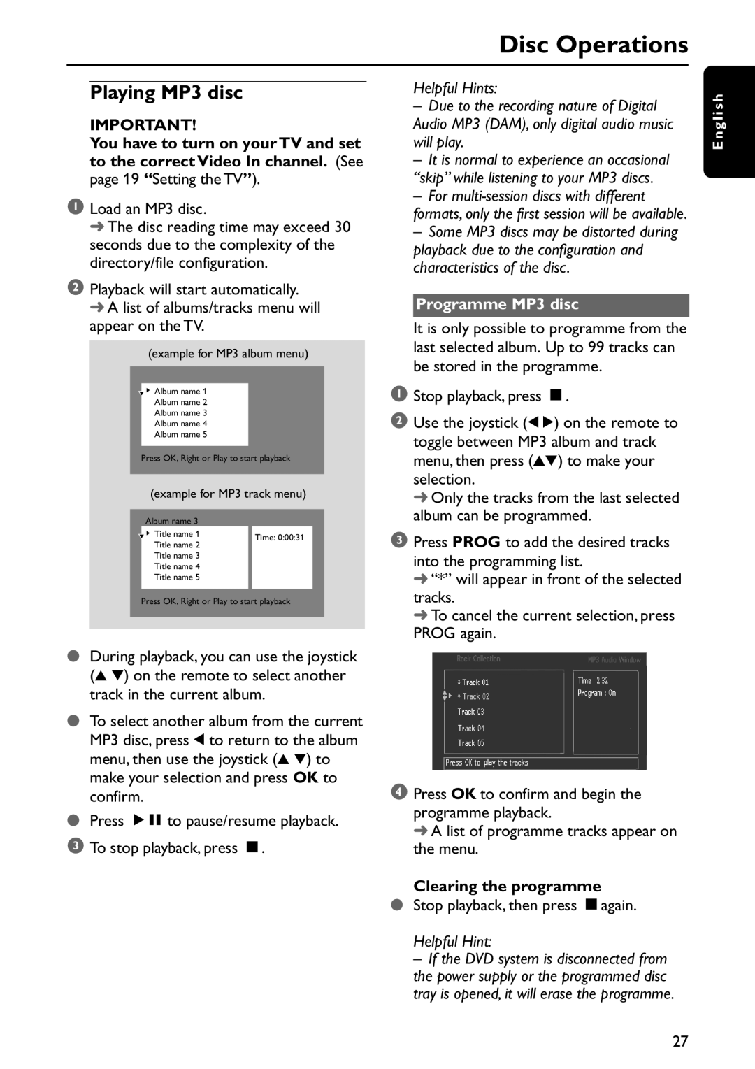 Philips MX5800SA/22S manual Playing MP3 disc, Programme MP3 disc, Clearing the programme 