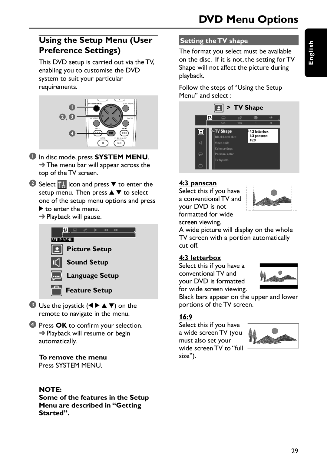 Philips MX5800SA/22S manual Using the Setup Menu User Preference Settings, Setting the TV shape 