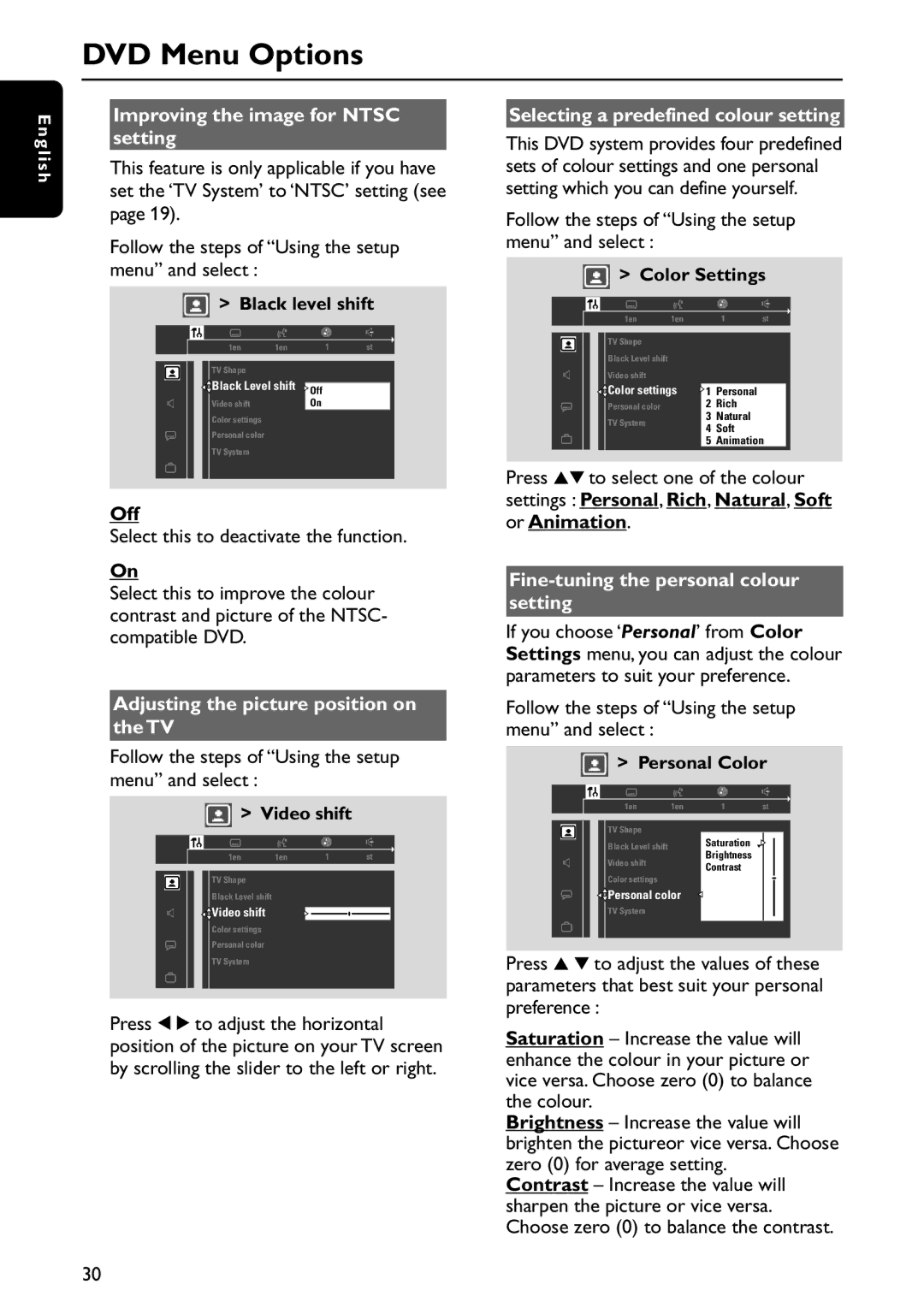 Philips MX5800SA/22S manual Improving the image for Ntsc setting, Off, Adjusting the picture position on the TV 