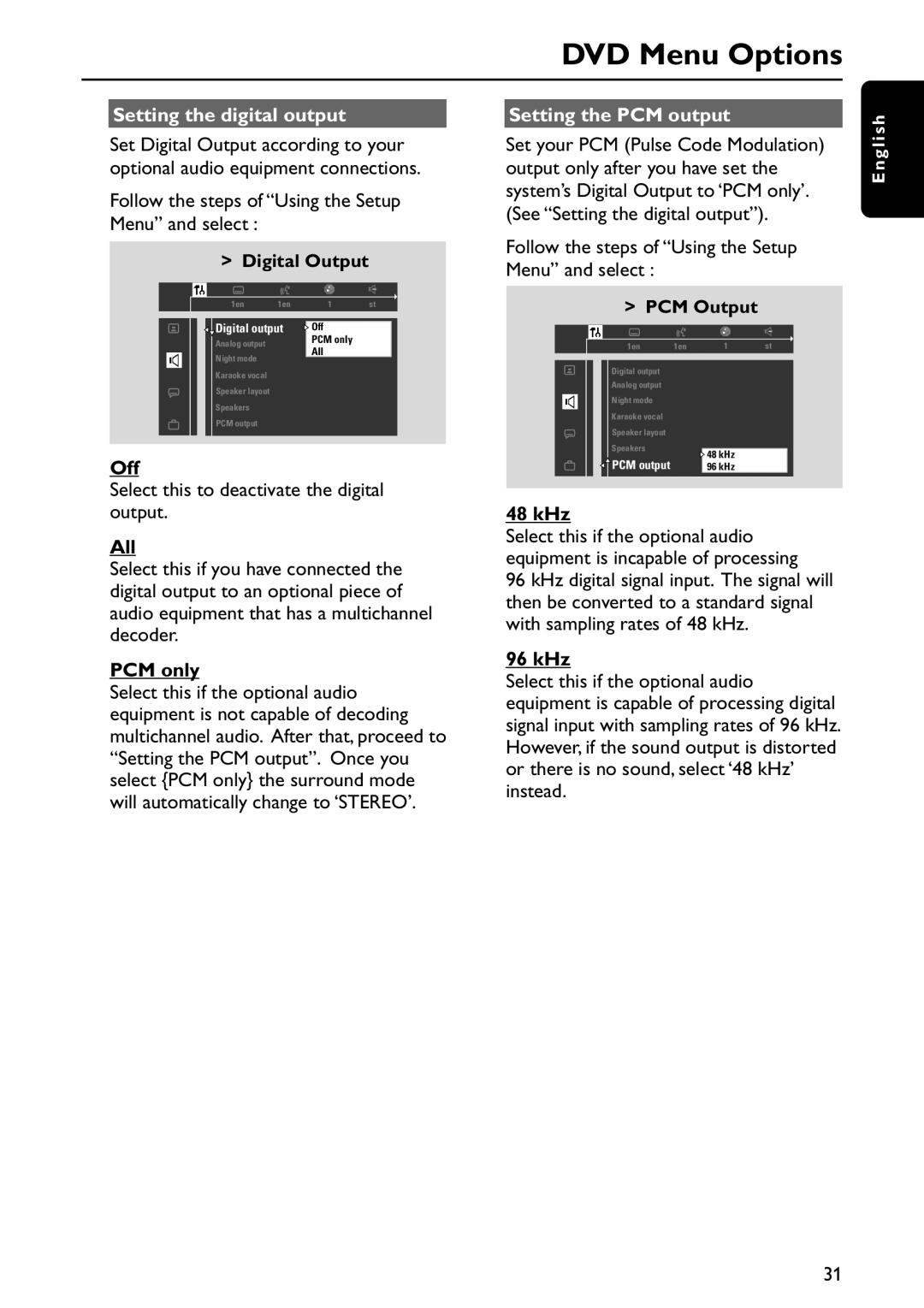 Philips MX5800SA/22S manual Setting the digital output Setting the PCM output, All, PCM only, 48 kHz, 96 kHz 