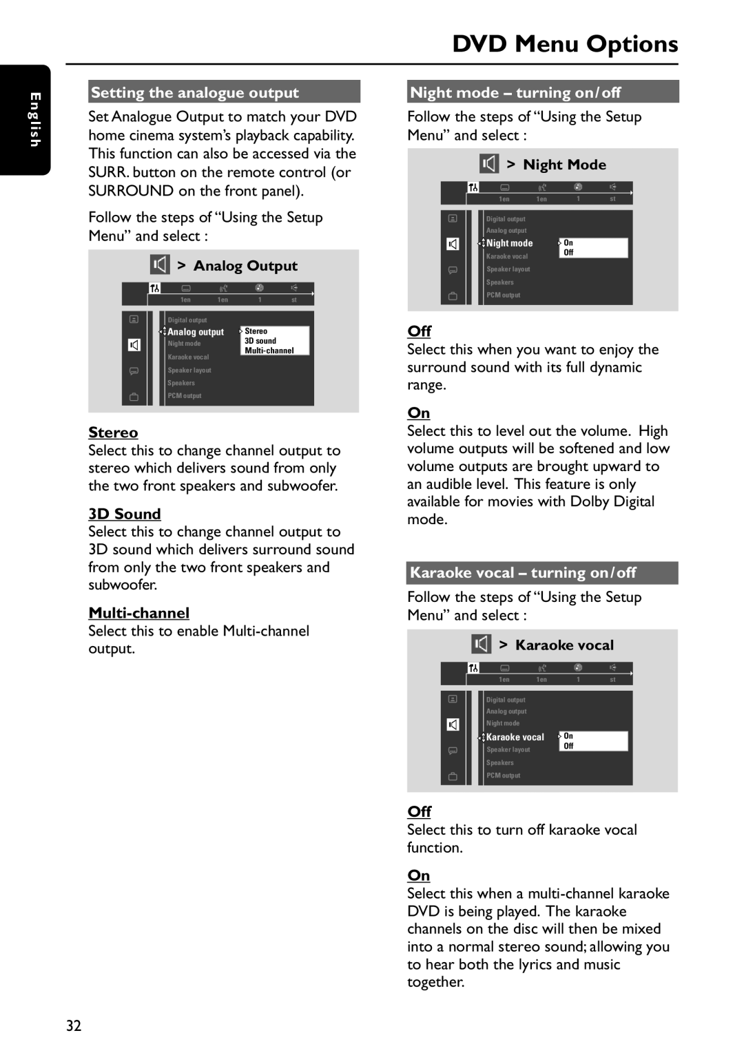 Philips MX5800SA/22S manual Setting the analogue output, Night mode turning on/off, Karaoke vocal turning on/off 