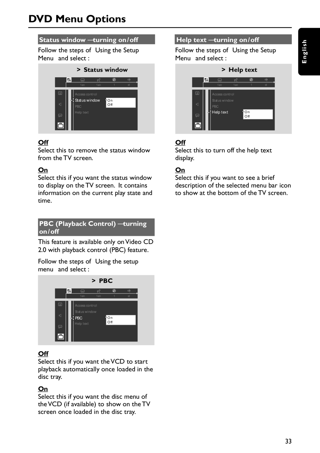 Philips MX5800SA/22S manual Status window turning on/off, Help text turning on/off, PBC Playback Control turning on/off 