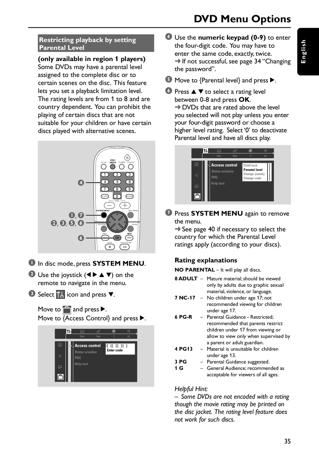 Philips MX5800SA/22S manual Restricting playback by setting Parental Level, Only available in region 1 players 