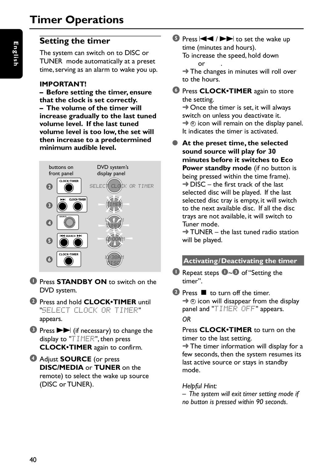 Philips MX5800SA/22S manual Timer Operations, Setting the timer, Activating/Deactivating the timer 