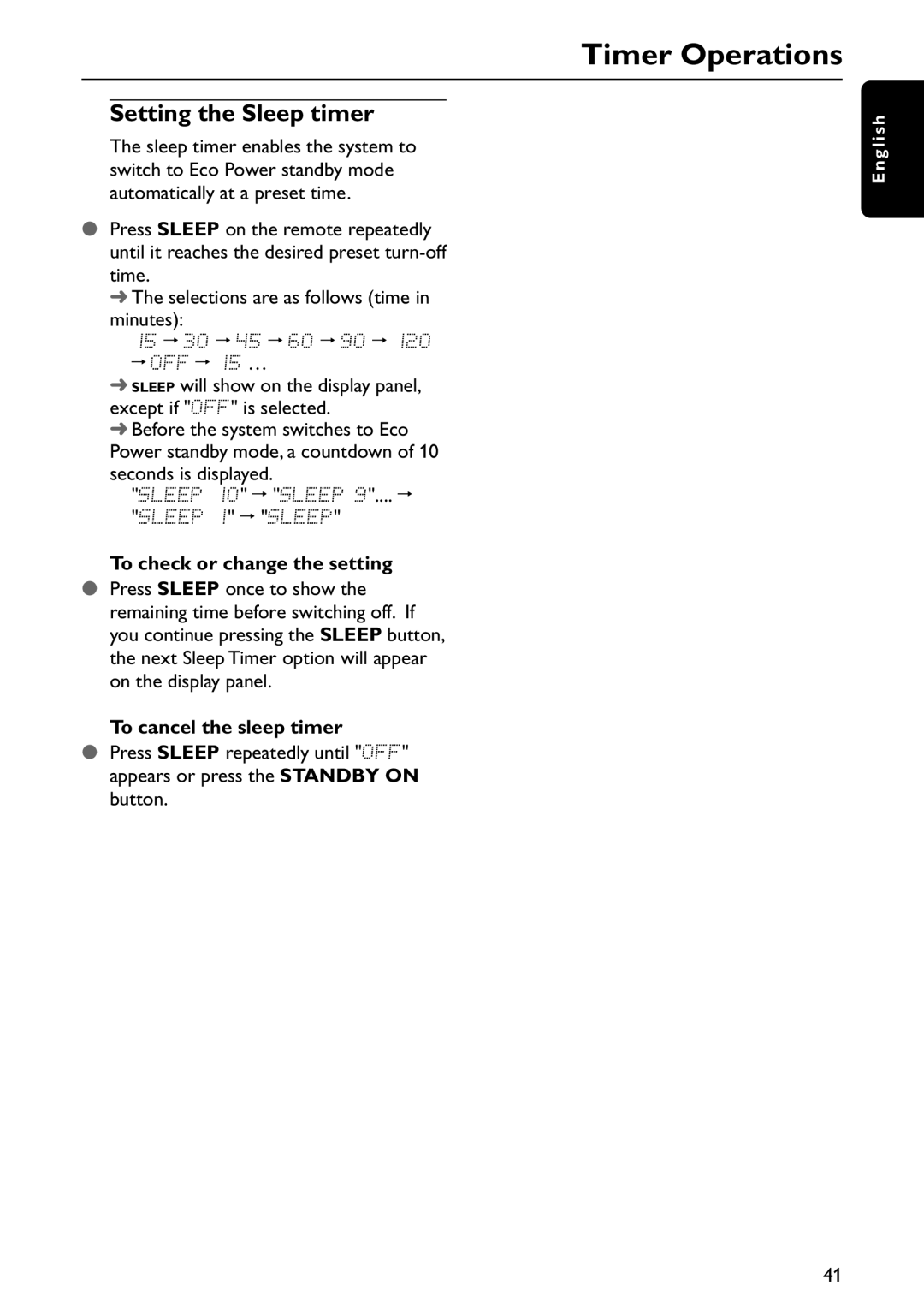 Philips MX5800SA/22S manual Setting the Sleep timer, To check or change the setting, To cancel the sleep timer 