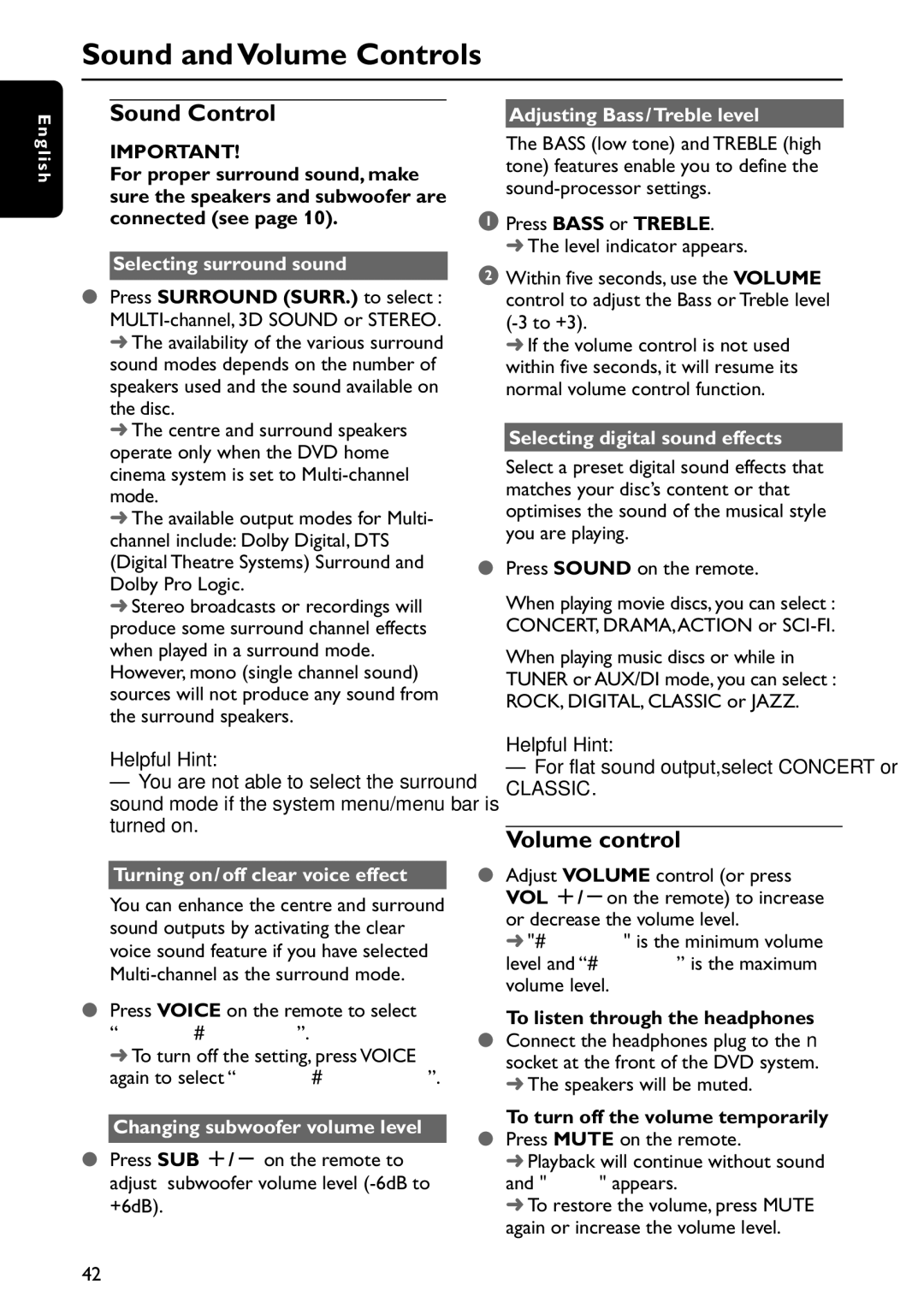 Philips MX5800SA/22S manual Sound and Volume Controls, Sound Control, Volume control 