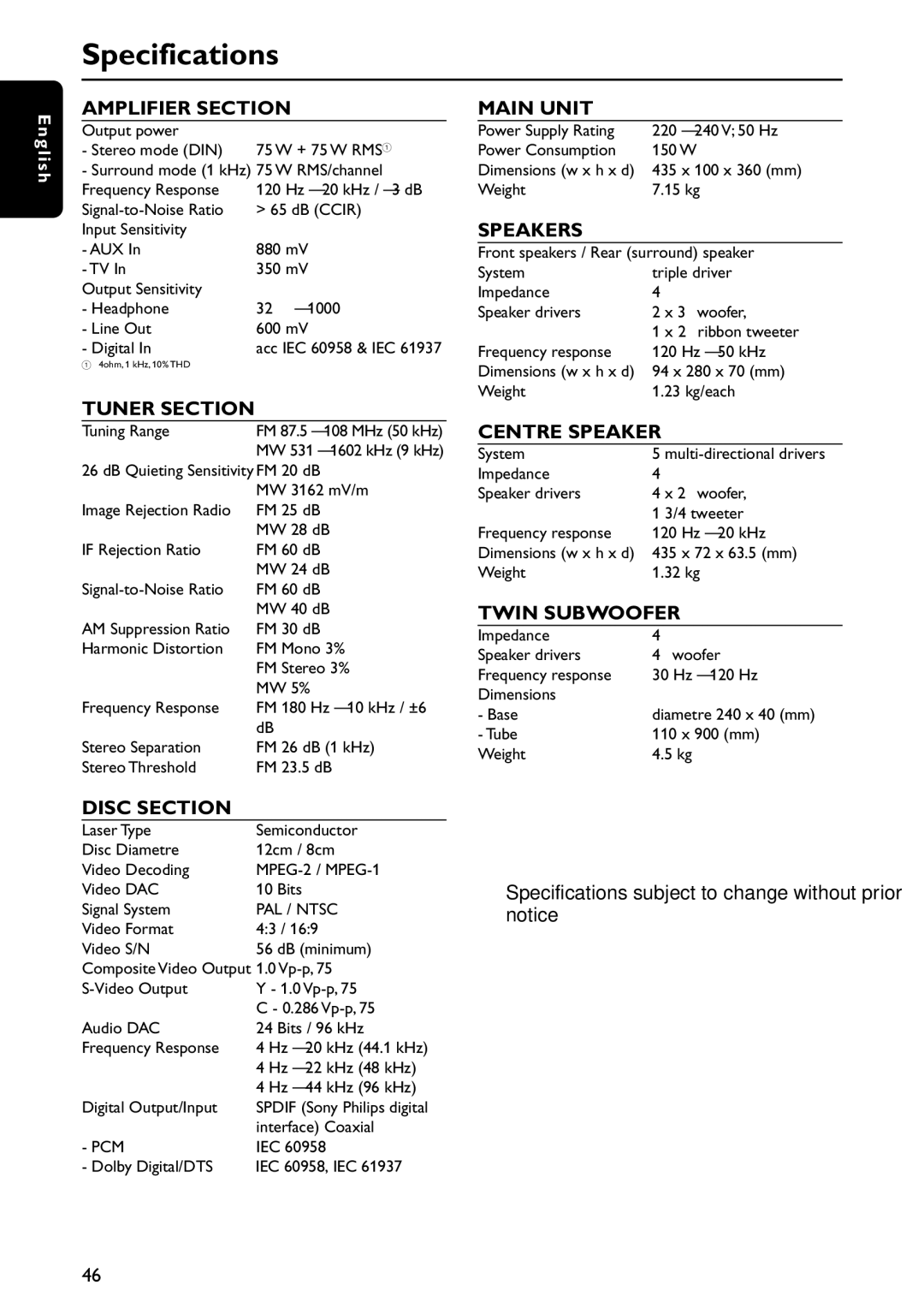 Philips MX5800SA/22S manual Specifications, Amplifier Section 