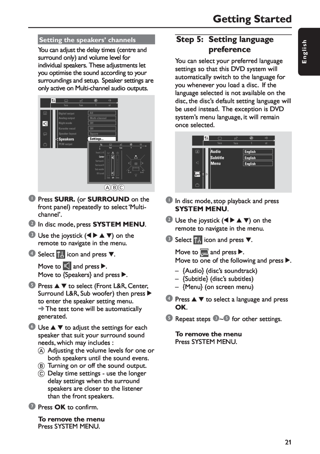 Philips MX5800SA/22S manual Setting language preference, Getting Started, Setting the speakers’ channels, System Menu 