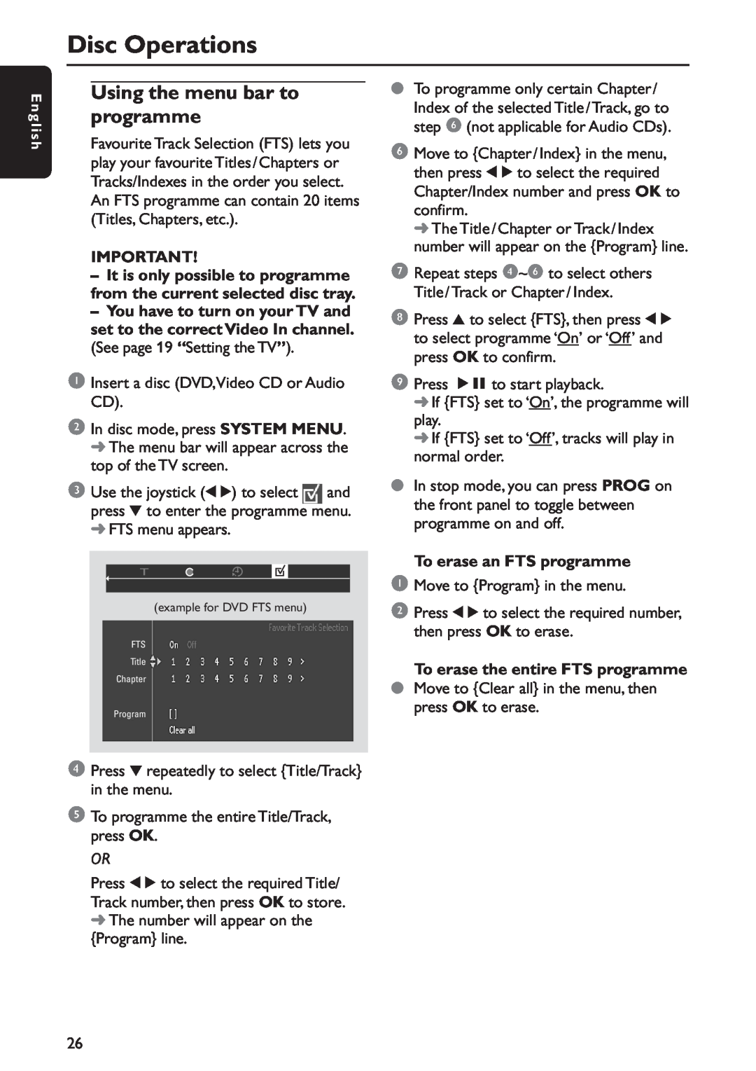 Philips MX5800SA/22S manual Using the menu bar to programme, Disc Operations, To erase an FTS programme 