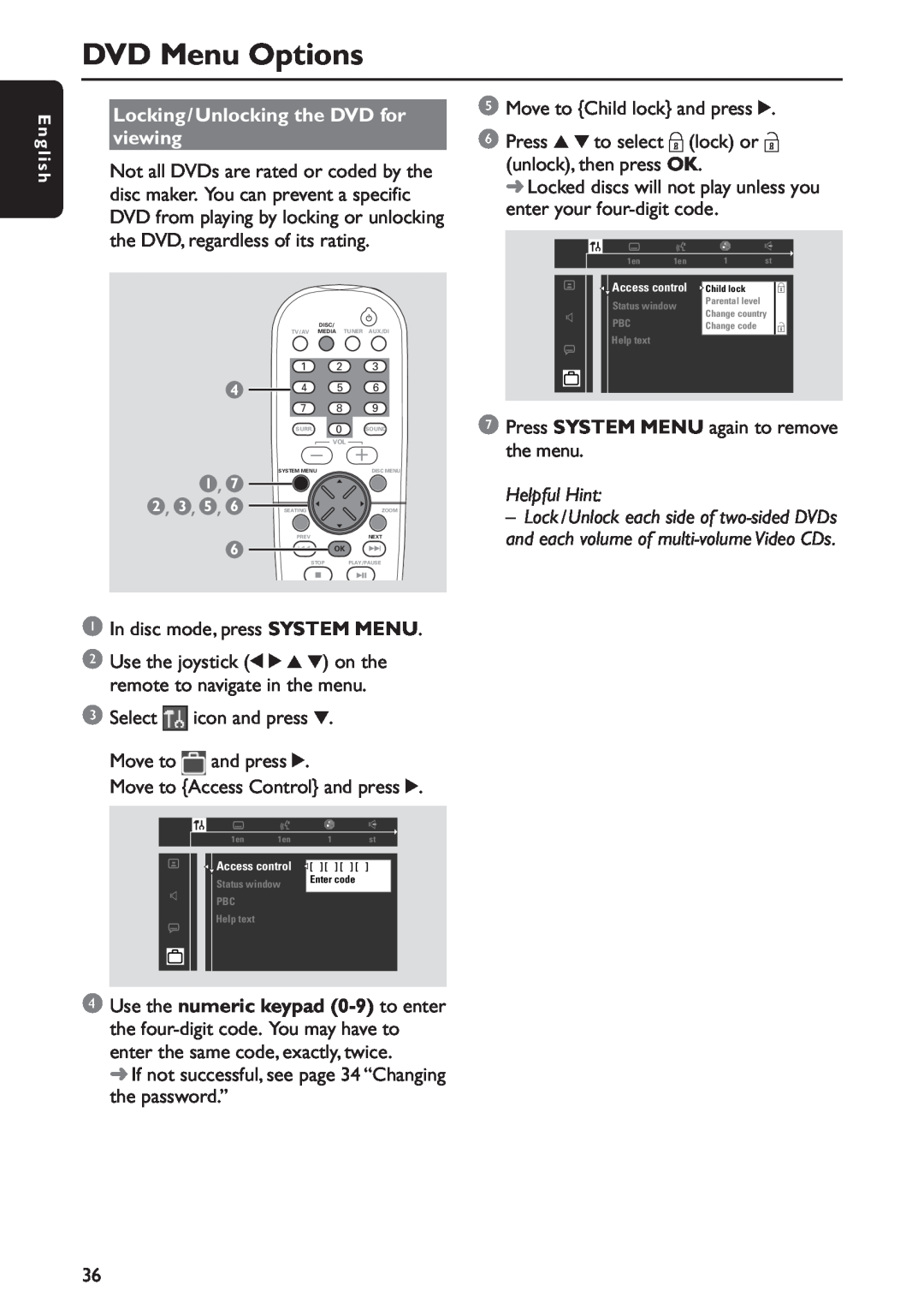 Philips MX5800SA/22S manual DVD Menu Options, Locking/Unlocking the DVD for viewing, Helpful Hint 