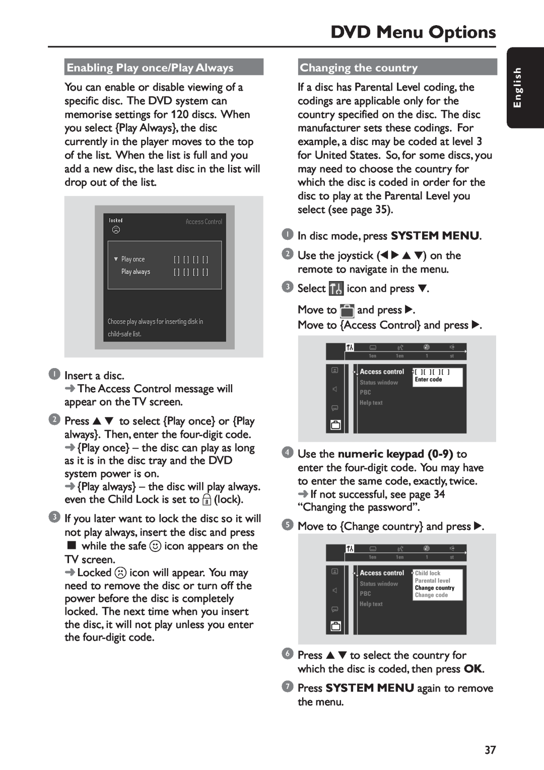 Philips MX5800SA/22S manual DVD Menu Options, Enabling Play once/Play Always, Changing the country 