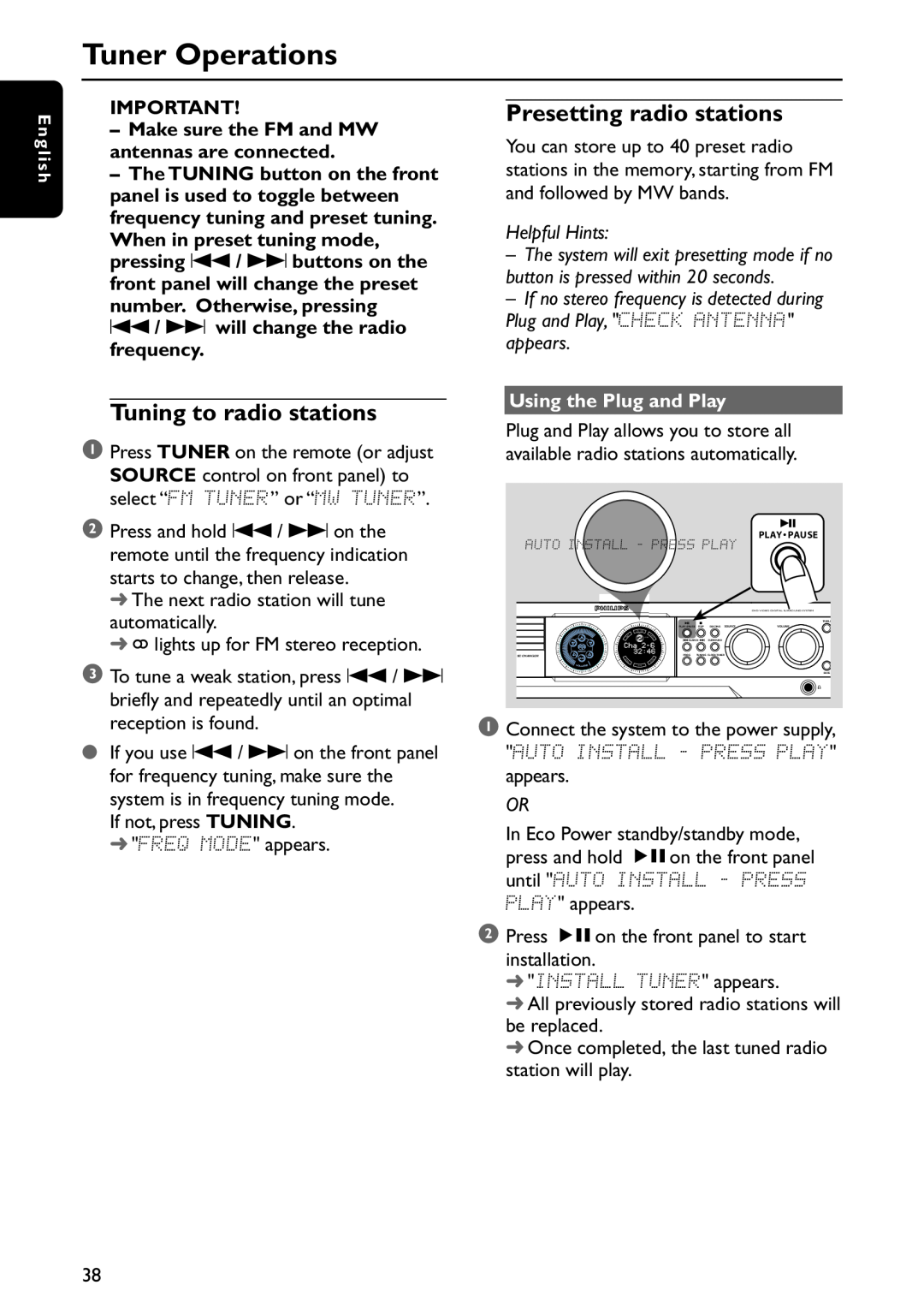 Philips MX5800SA/22S manual Tuner Operations, Tuning to radio stations, Presetting radio stations, Helpful Hints 