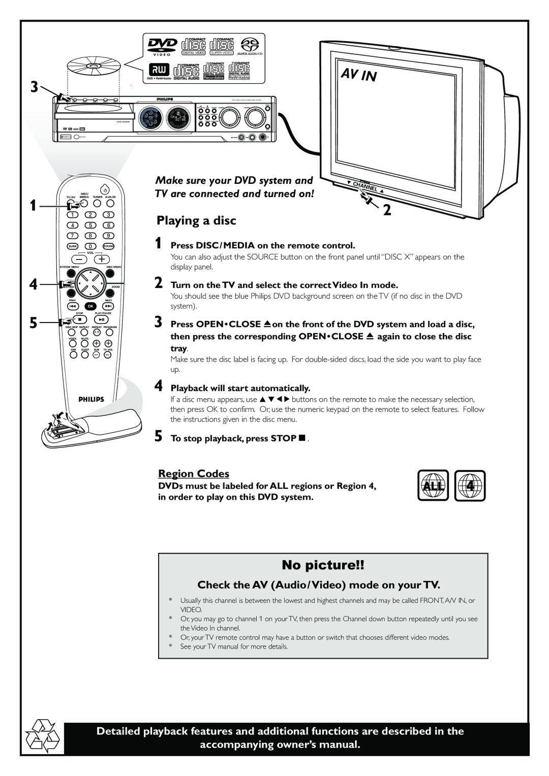 Philips MX5800SA/78 owner manual Playing a disc, No picture 