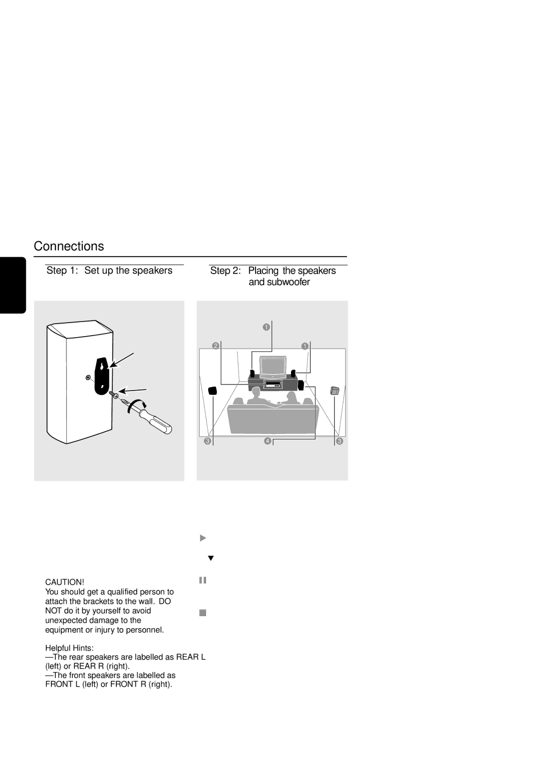 Philips MX6050D/17B warranty Connections, Set up the speakers, Subwoofer, Bracket Screws 