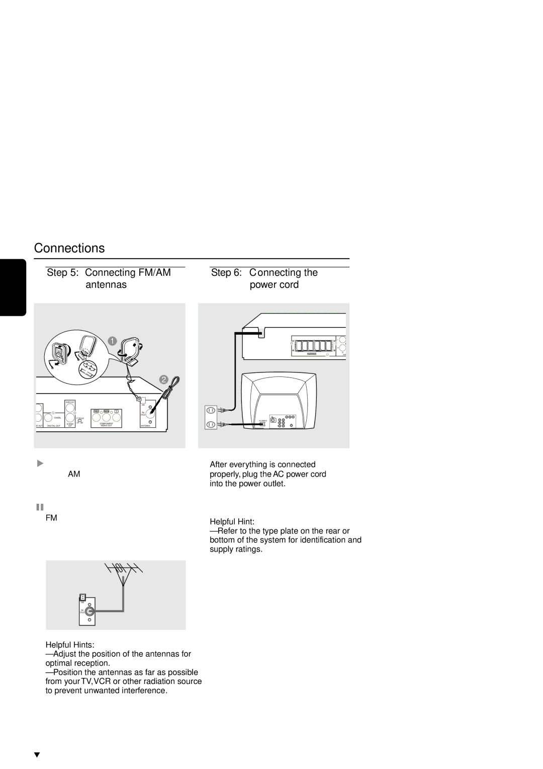 Philips MX6050D/17B warranty Connecting FM/AM Antennas Power cord 