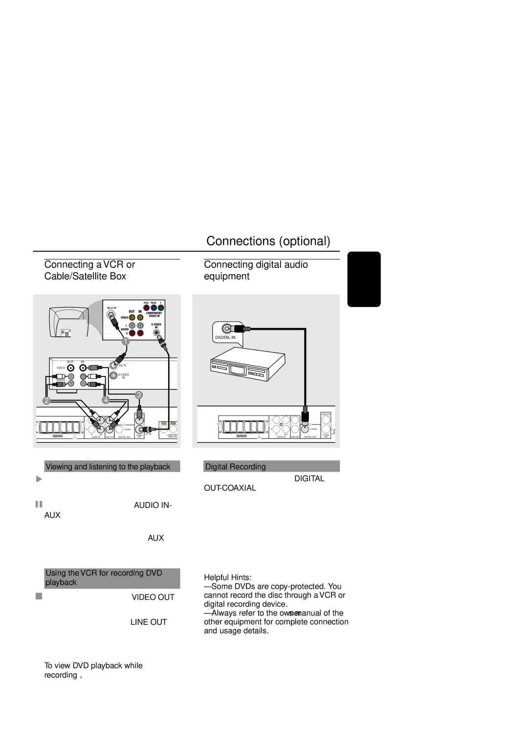 Philips MX6050D/17B Viewing and listening to the playback, Connect the VCR or Cable/Satellite Box to the TV as shown 