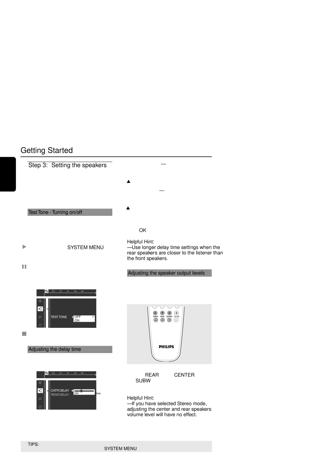 Philips MX6050D/17B warranty Setting the speakers, Test Tone Turning on/off, Adjusting the delay time 