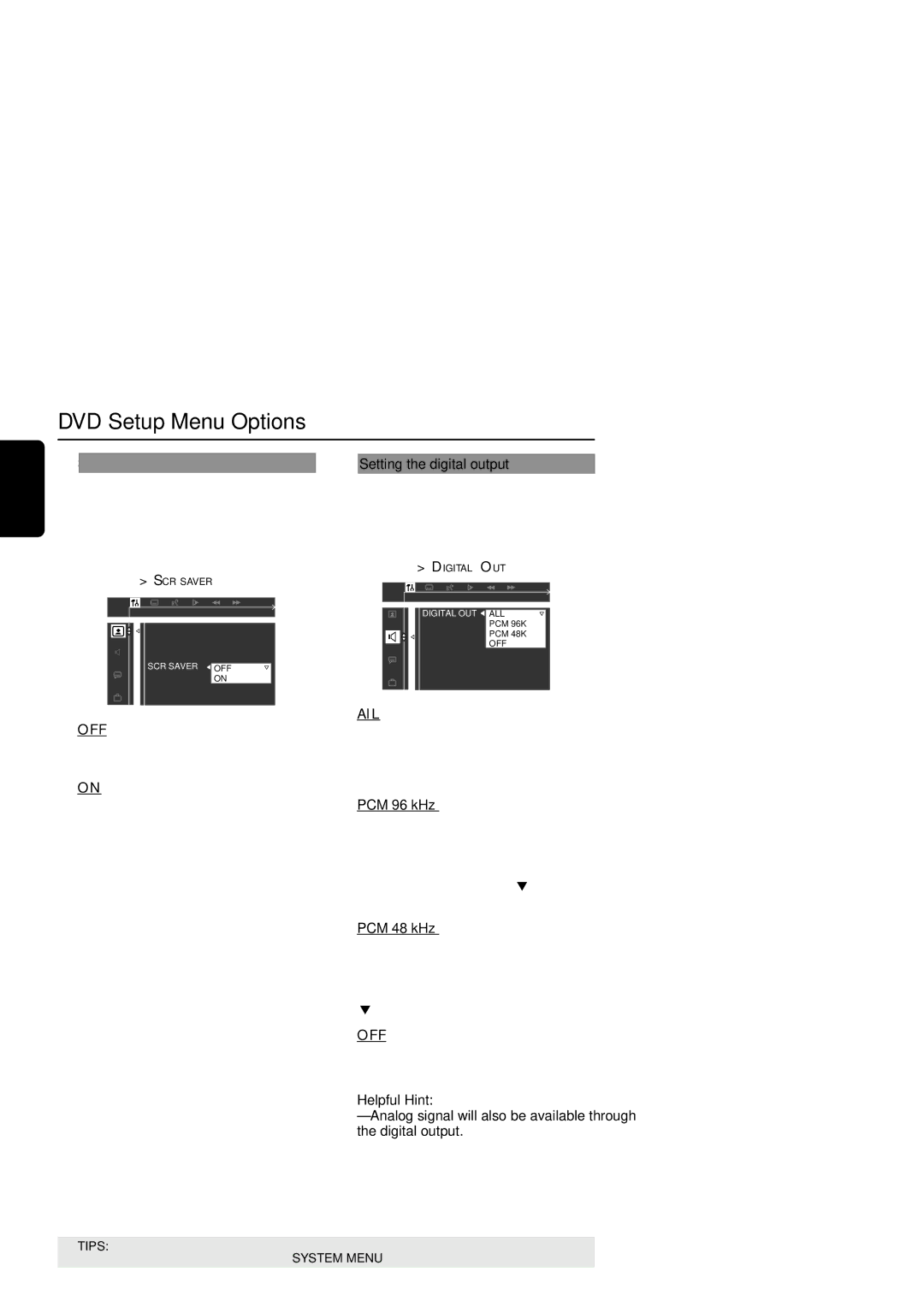 Philips MX6050D/17B warranty Screen Saver turning on/off Setting the digital output, Off, AlL, PCM 96 kHz, PCM 48 kHz 