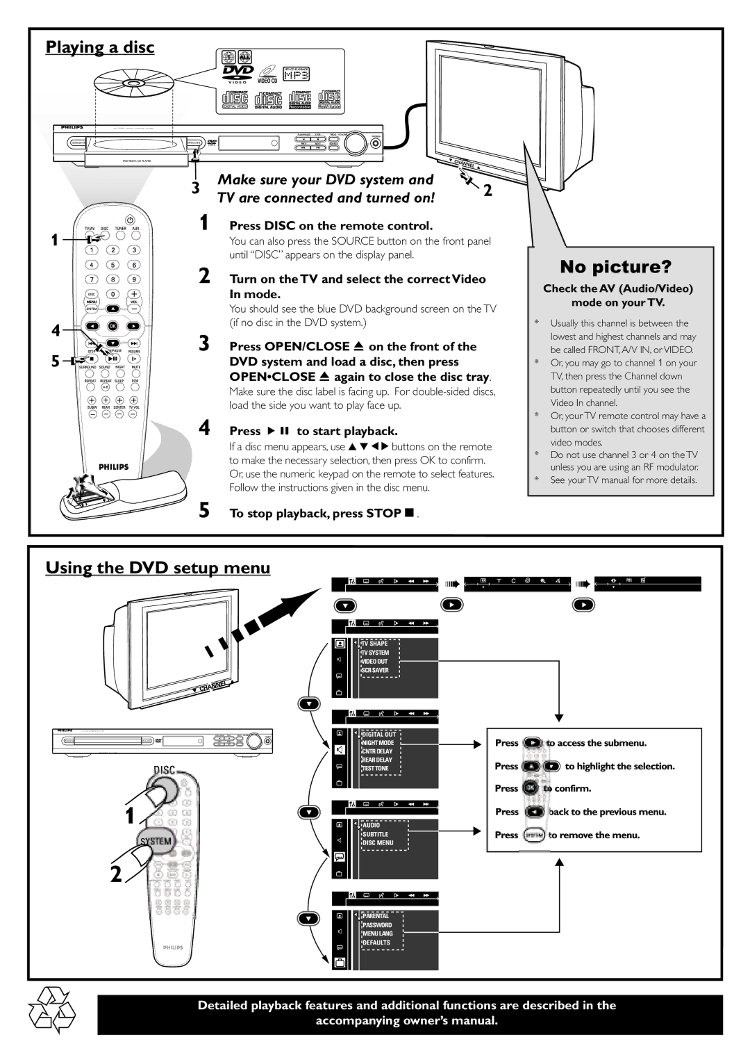 Philips MX6050D/17B warranty Playing a disc, No picture?, Using the DVD setup menu 