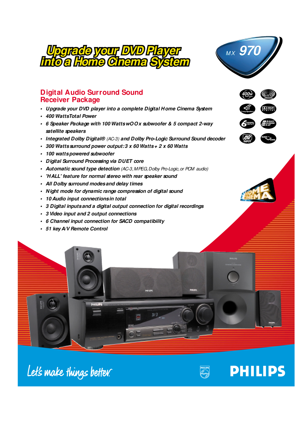 Philips MX970 manual Upgrade your DVD Player, into a Home Cinema System, Digital Audio Surround Sound Receiver Package 