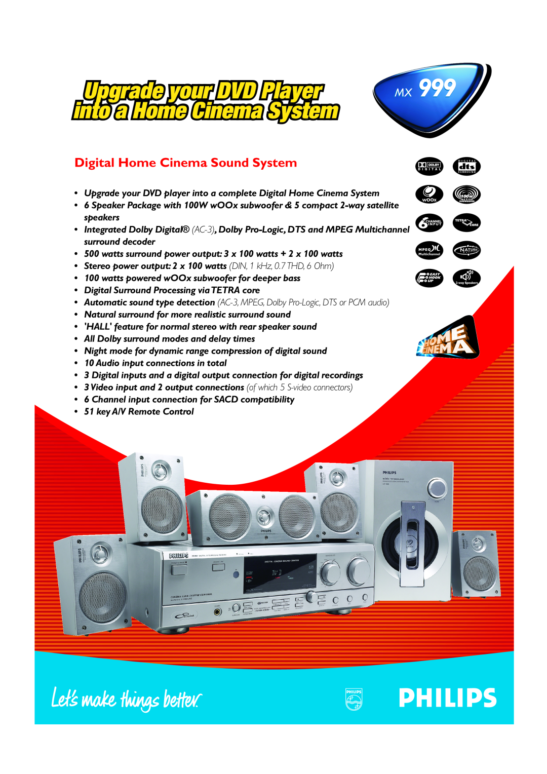 Philips MX999 manual Upgrade your DVD Player, into a Home Cinema System, Digital Home Cinema Sound System 
