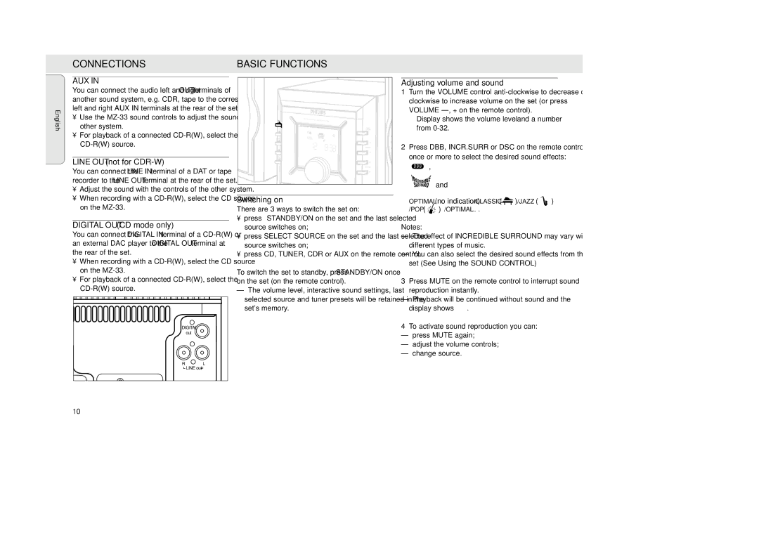 Philips MZ-33 manual Connections, Basic Functions, Aux, Switching on, Adjusting volume and sound 