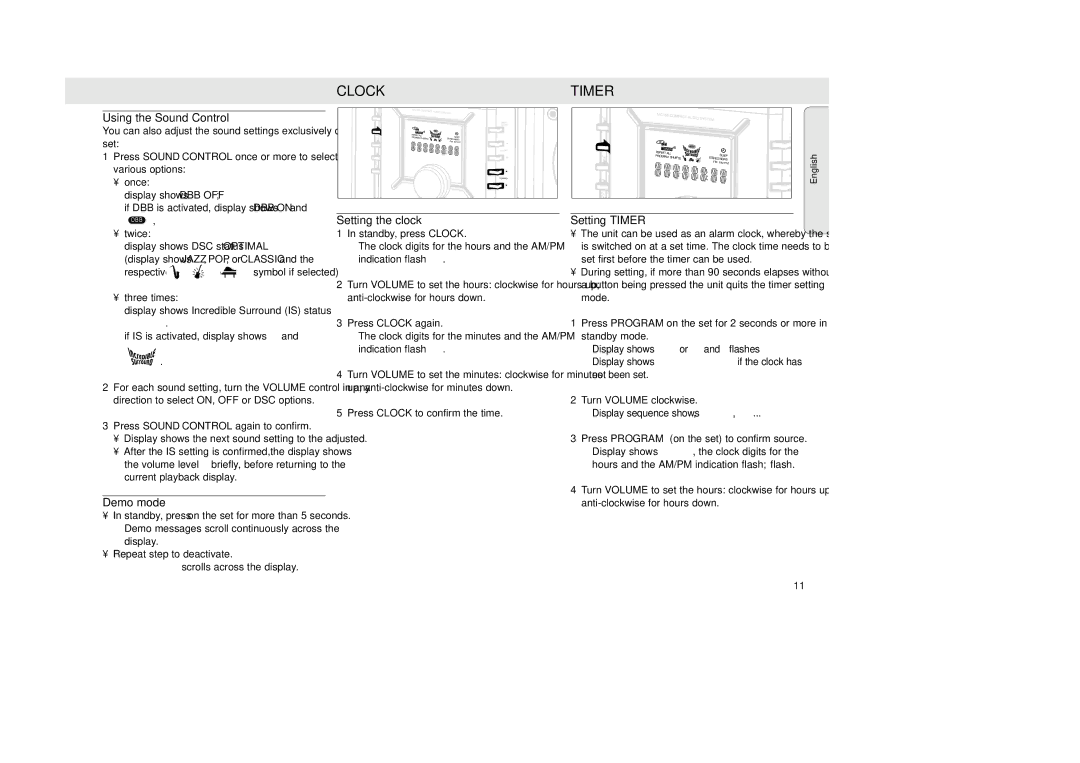 Philips MZ-33 manual Clock, Using the Sound Control, Setting the clock, Setting Timer 