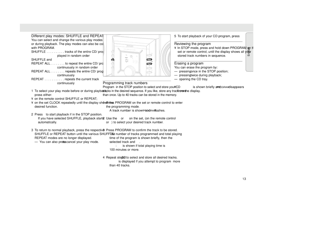 Philips MZ-33 Programming track numbers, Reviewing the program, Erasing a program, Different play modes Shuffle and Repeat 