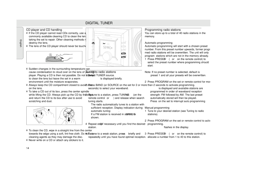 Philips MZ-33 manual Digital Tuner, CD player and CD handling, Programming radio stations, Tuning to radio stations 