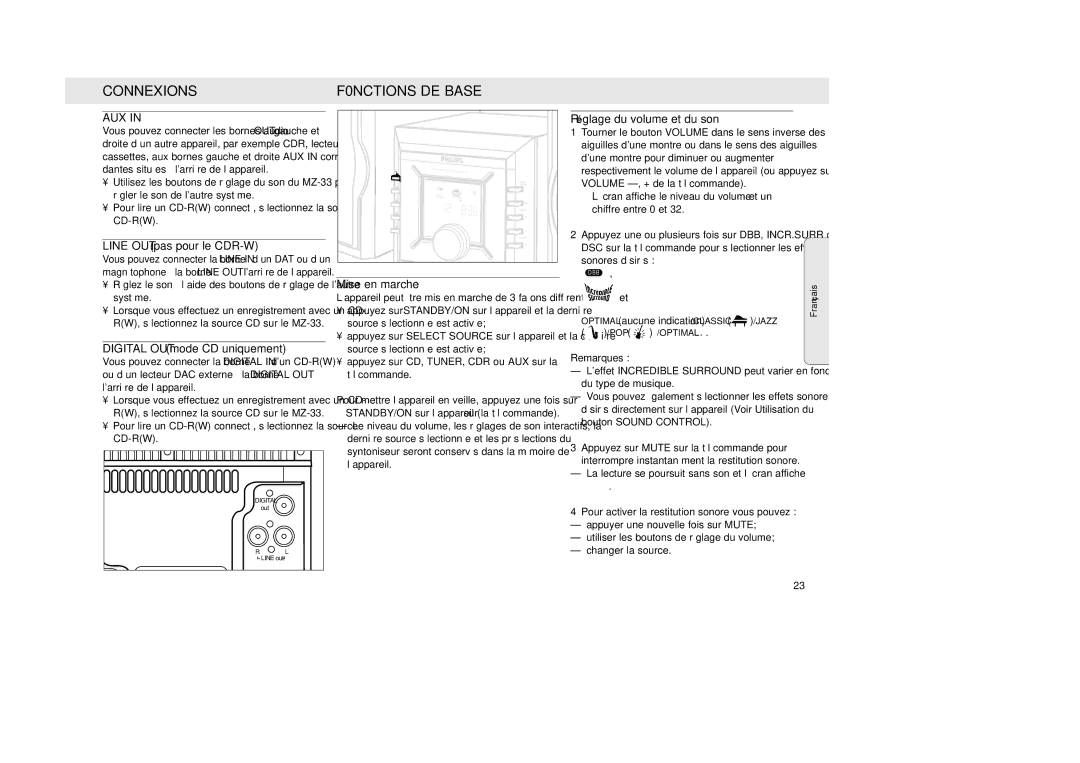 Philips MZ-33 manual Connexions F0NCTIONS DE Base, Mise en marche, Réglage du volume et du son 